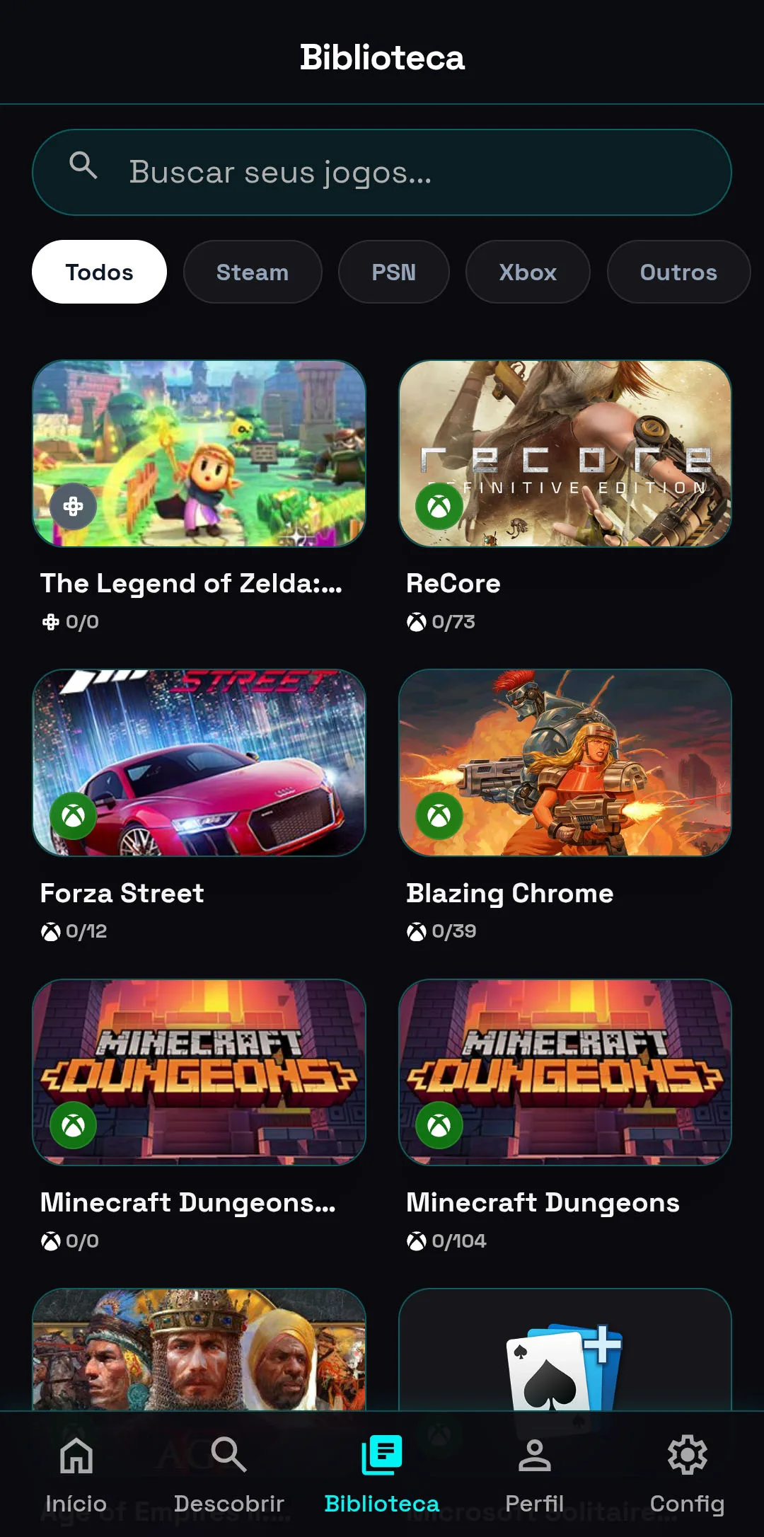 cataloGGames — tela Biblioteca com grade de jogos